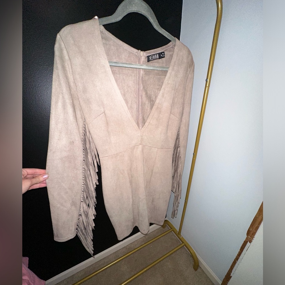 Suede Fringe Sleeved Mini Dress